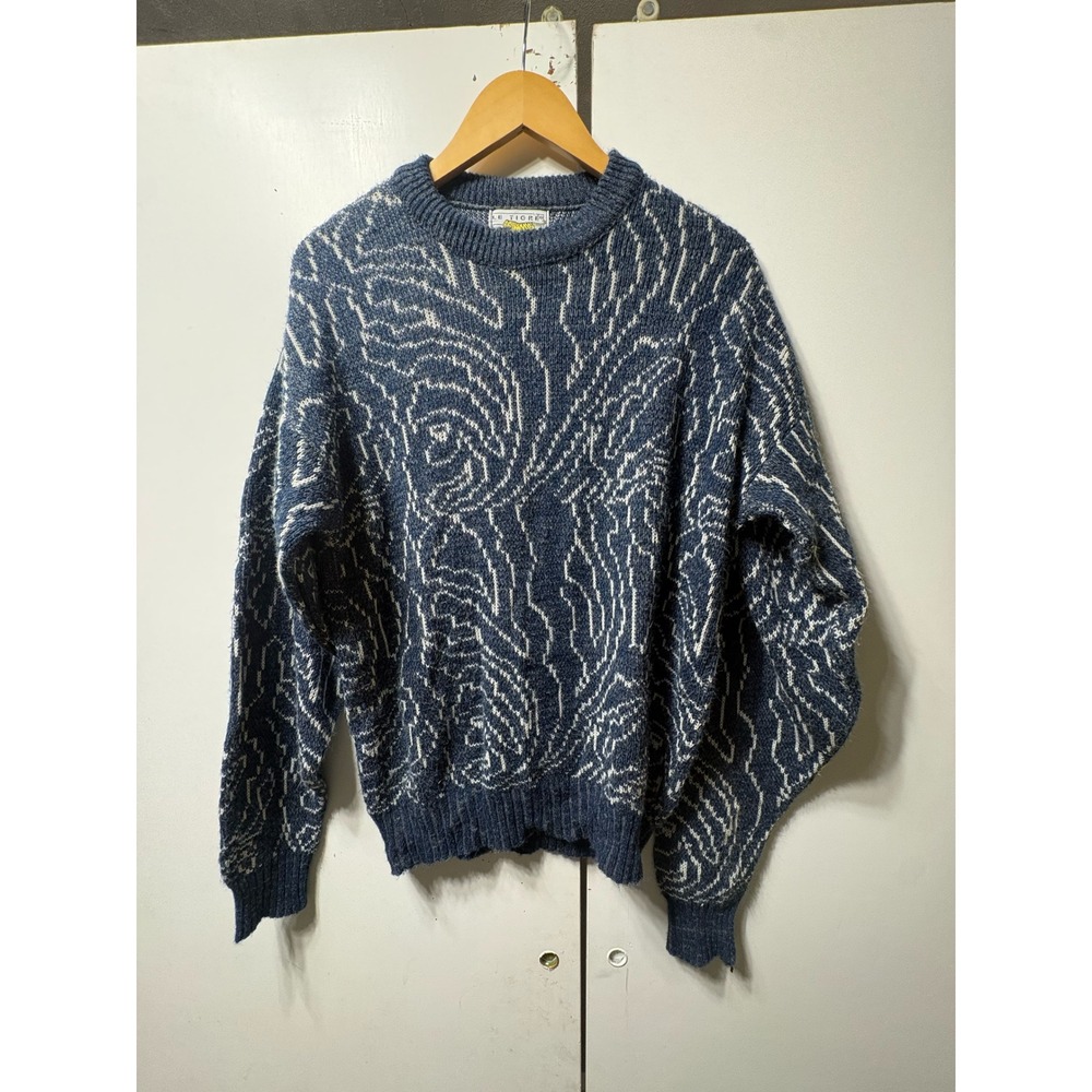 Le Tigre Vintage Crewneck Sweater Mens Large Blue White Abstract Knit USA VTG
